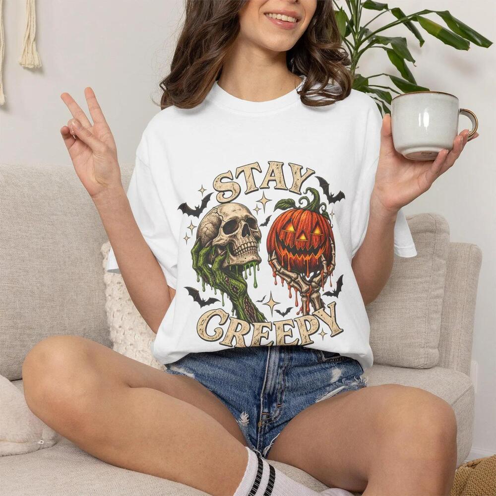 S Stay Creepy Skull And Jack-O-Lantern T-Shirt Halloween Horror Tee